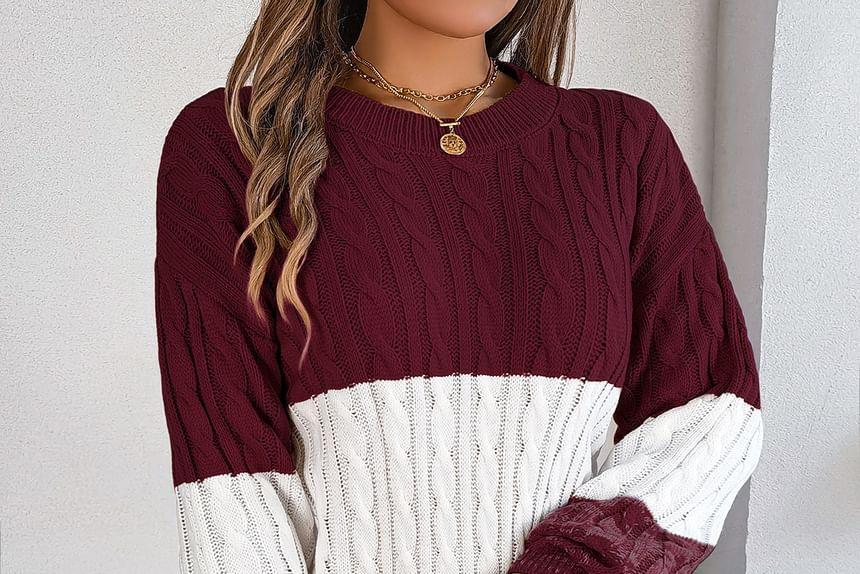 Crew Neck Color Block Cable Knit Mini Sheath Sweater Dress Product Image