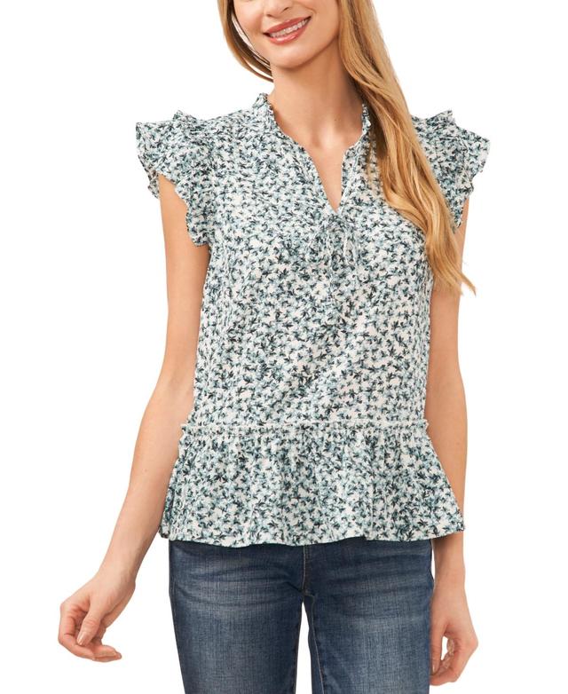 CeCe Womens Printed Ruffle Trimmed Tie-Neck Blouse Product Image