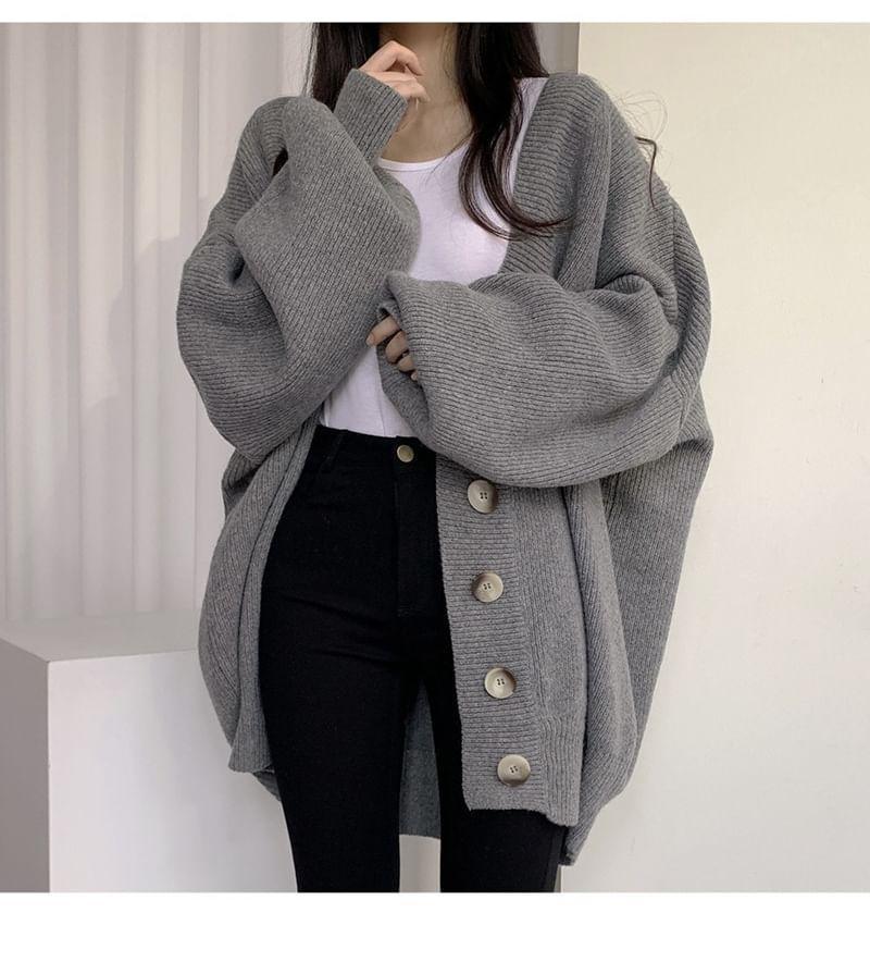 Balloon Sleeve V-Neck Plain Cardigan Product Image