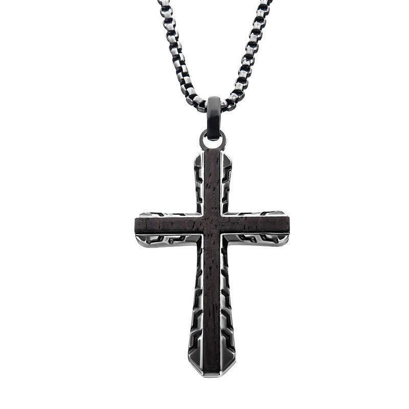 Mens Stainless Steel Ebony Wood Inlay Cross Pendant Necklace Two Tone Product Image