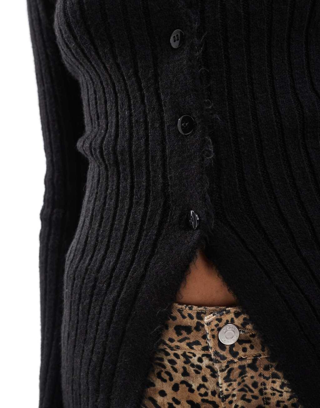 ASOS DESIGN knitted crew neck split front cardigan in black  Product Image