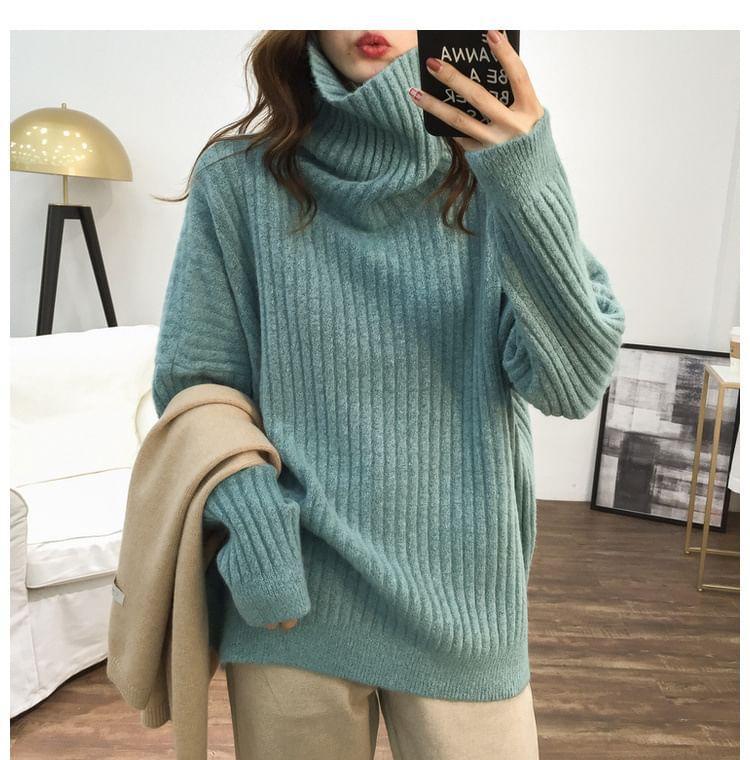 Turtleneck Plain Ribbed Oversized Sweater Product Image