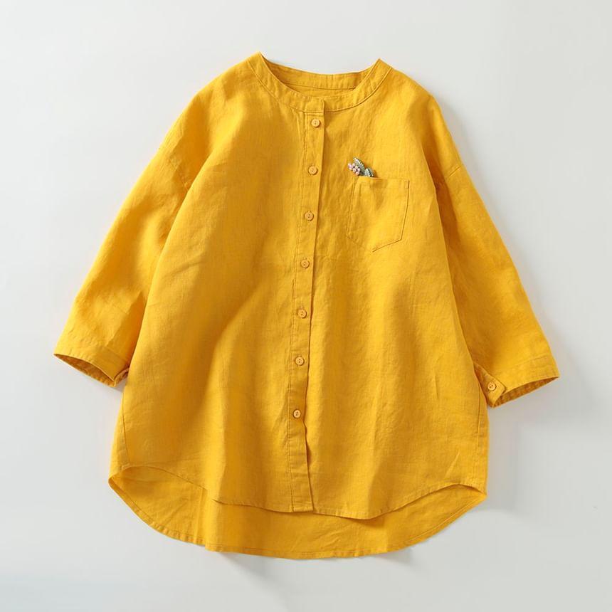 3/4-Sleeve Crew Neck Plain Button-Up Blouse Product Image