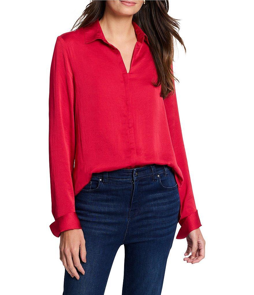 NIC + ZOE Woven Point Collar V-Neck Long Sleeve Button Front Shirt Product Image