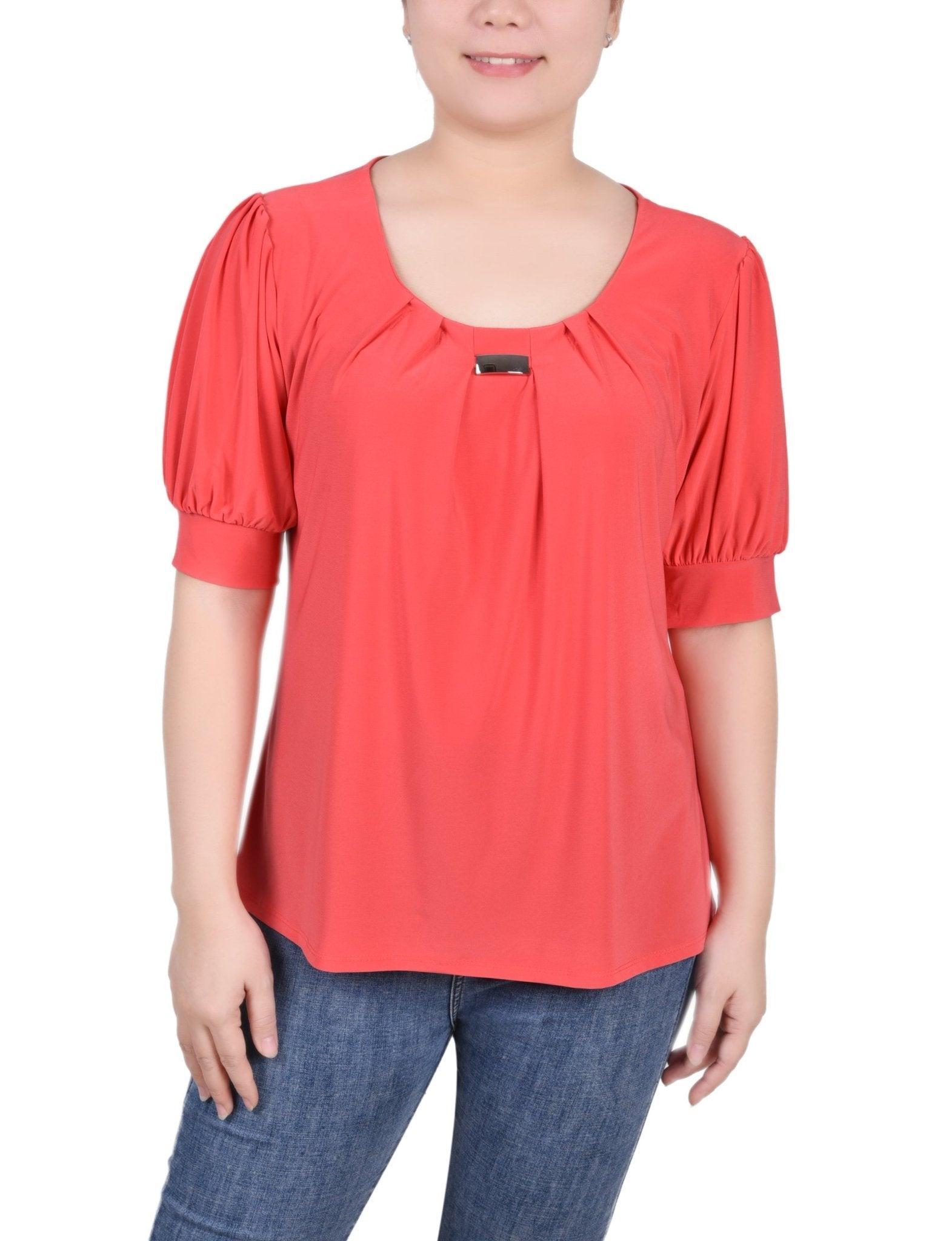 Short Sleeve Balloon Sleeve Top With Hardware - Petite Product Image