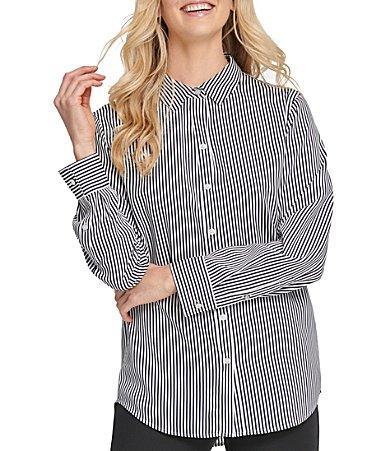 DKNY Contrast Stripe Print Point Collar Long Sleeve Button Front Crepe Shirt Product Image