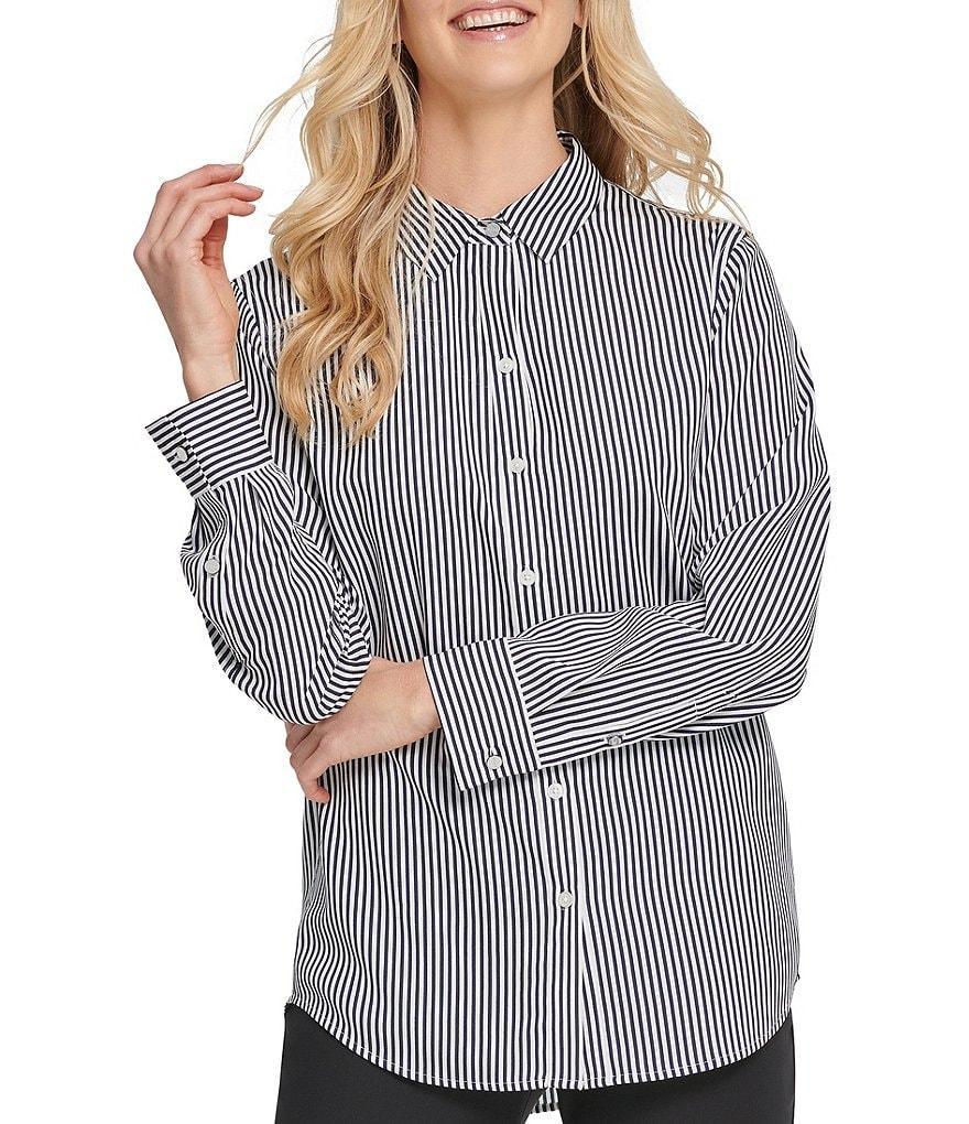 DKNY Contrast Stripe Print Point Collar Long Sleeve Button Front Crepe Shirt Product Image