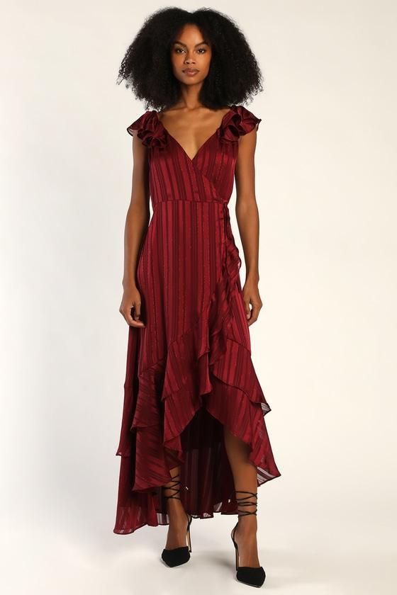 Party Darling Wine Red Striped Lurex High-Low Wrap Dress Product Image