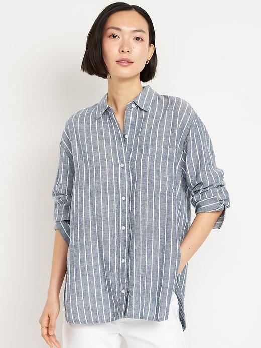 Button-Down Linen-Blend Striped Shirt Product Image