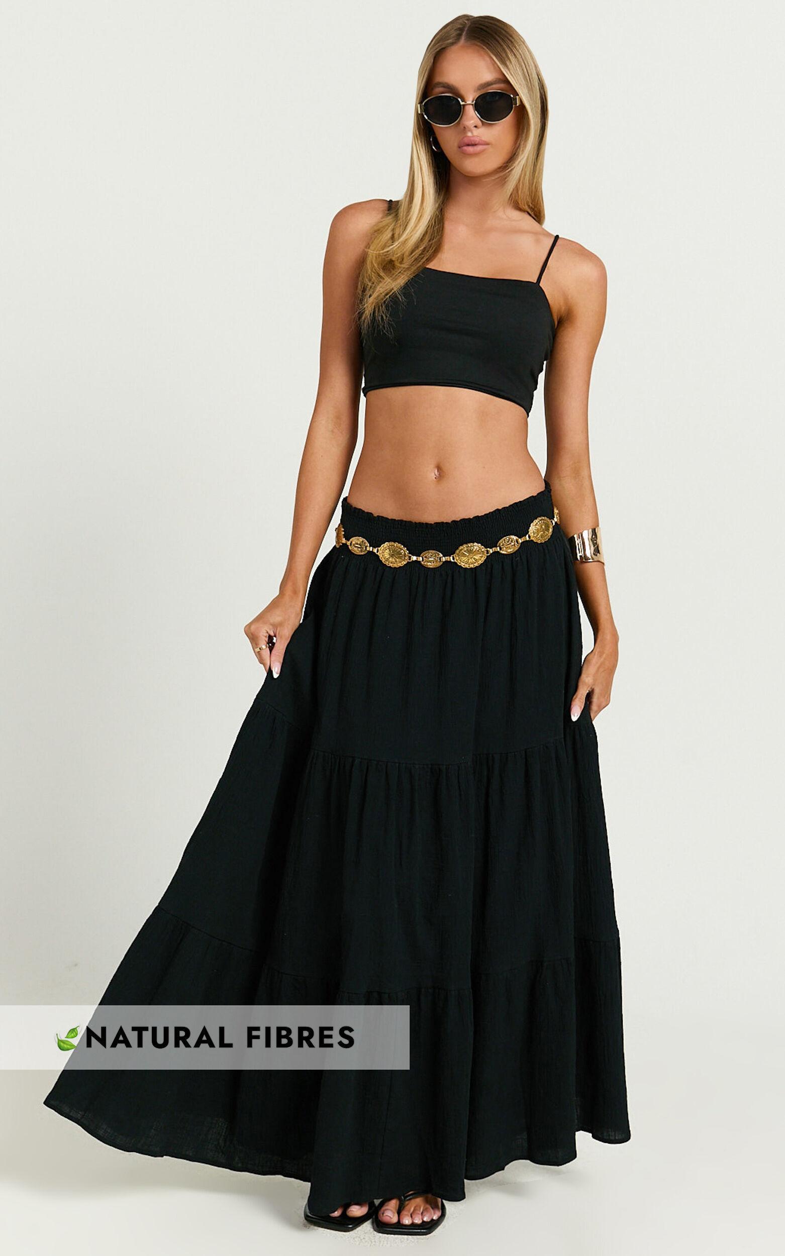 Ruby Midi Skirt - Shirred High Waist Cotton Tiered Midi Skirt in Black Product Image