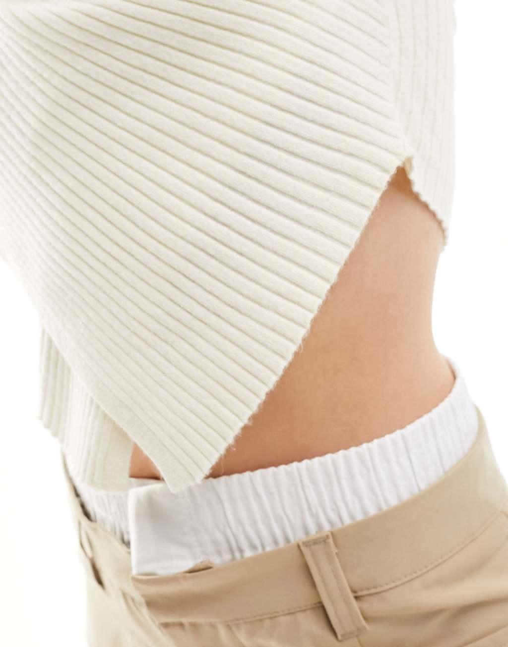 Miss Selfridge wrap over rib knit top in cream Product Image