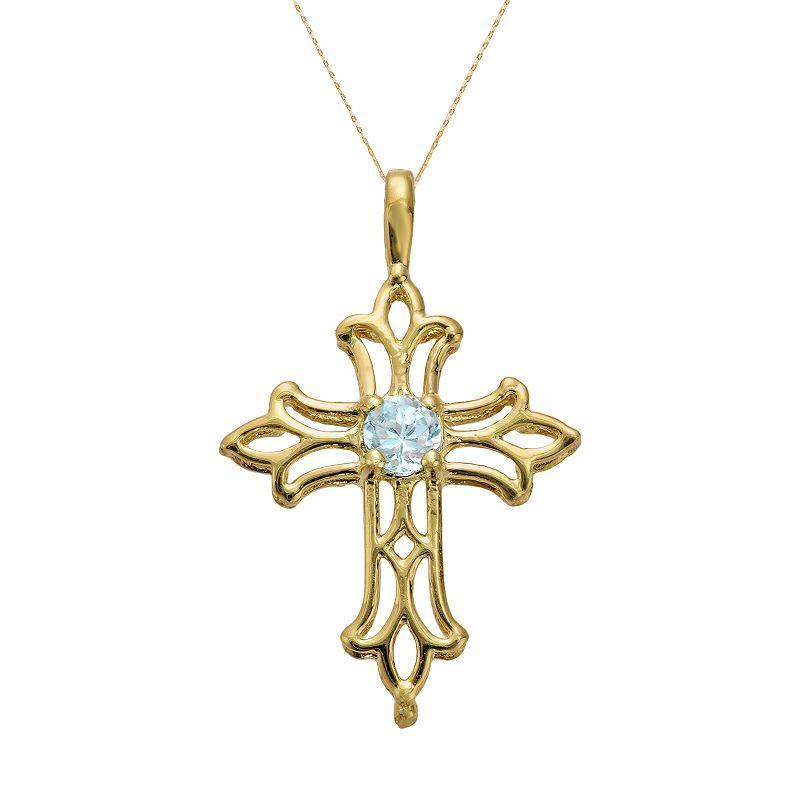 Gemminded 10k Gold Aquamarine Filigree Cross Pendant, Womens Blue Product Image