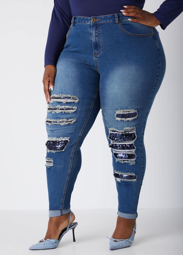 Plus Size Sequined High Rise Skinny Jeans Ashley Stewart Product Image