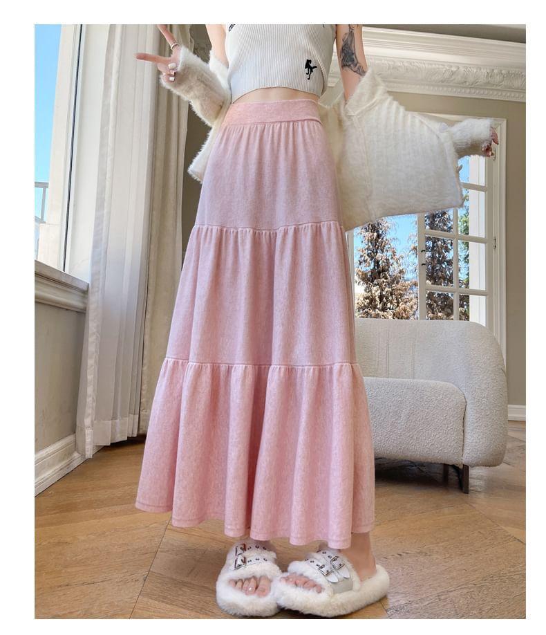 High Waist Plain Knit Maxi A-Line Skirt Product Image