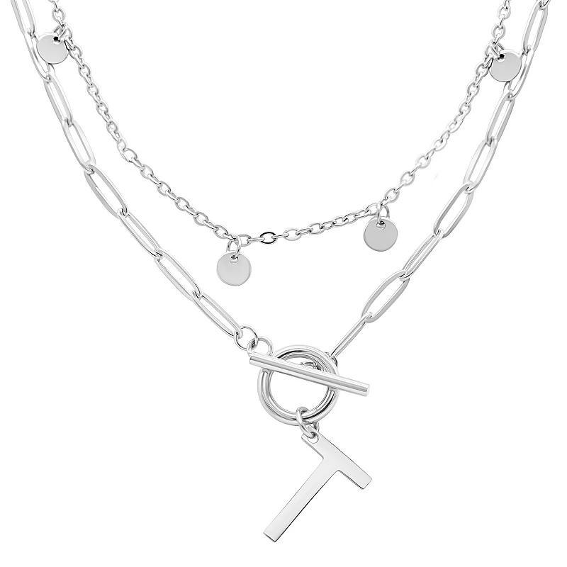 Adornia Silver Tone Confetti & Paperclip Layered Initial Toggle Necklace, Womens Silver Tone T Product Image