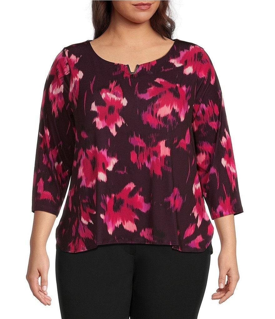 Calvin Klein Plus Size Printed Knit Split Round Neck 3/4 Sleeves Top Product Image