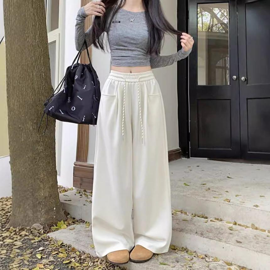 Drawstring Waist Plain Wide Leg Sweatpants Product Image