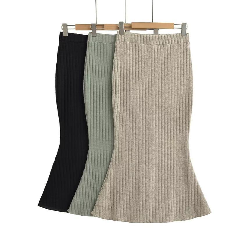 High Waist Plain Ribbed-Knit Midi Pencil Skirt Product Image