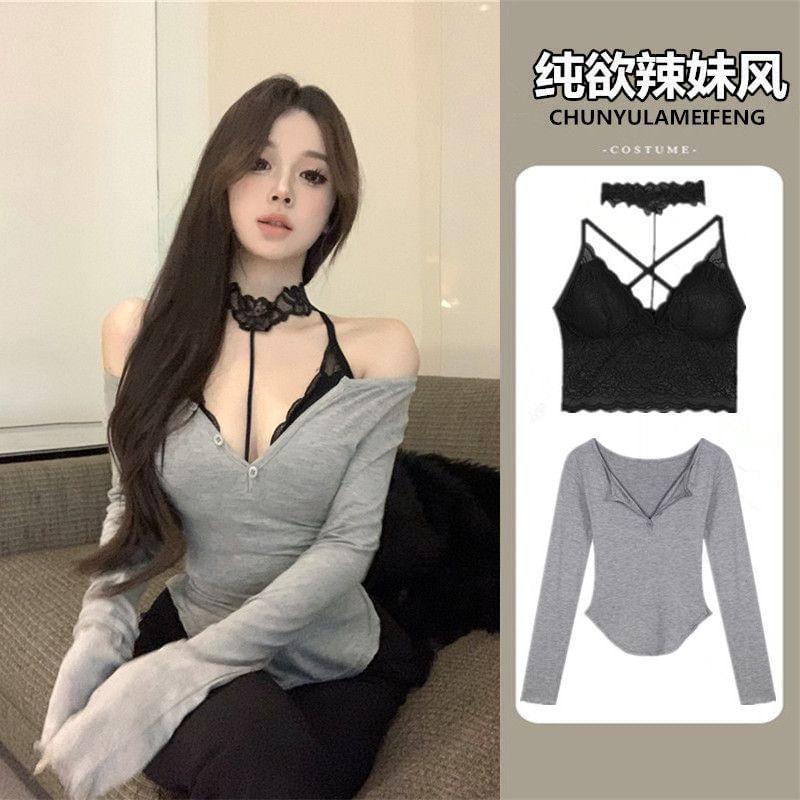 Long-Sleeve Plain Top / Halter Neck Crop Top / Set Product Image