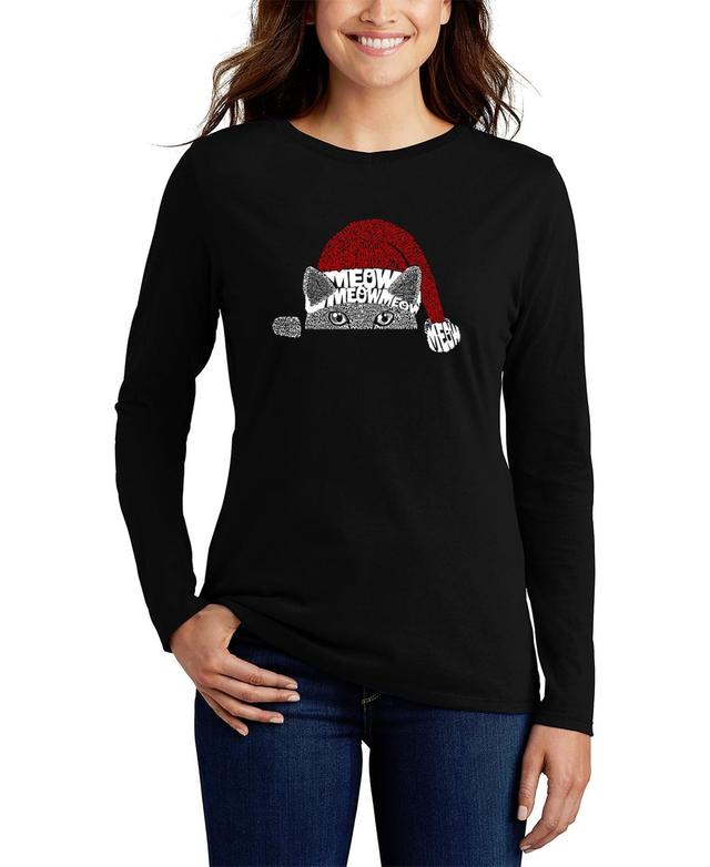 La Pop Art Womens Christmas Peeking Cat Word Art Long Sleeve T-shirt Product Image