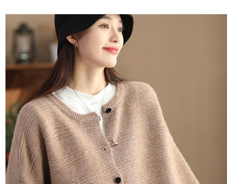 Round Neck Plain Ribbed Knit Button Cardigan Product Image