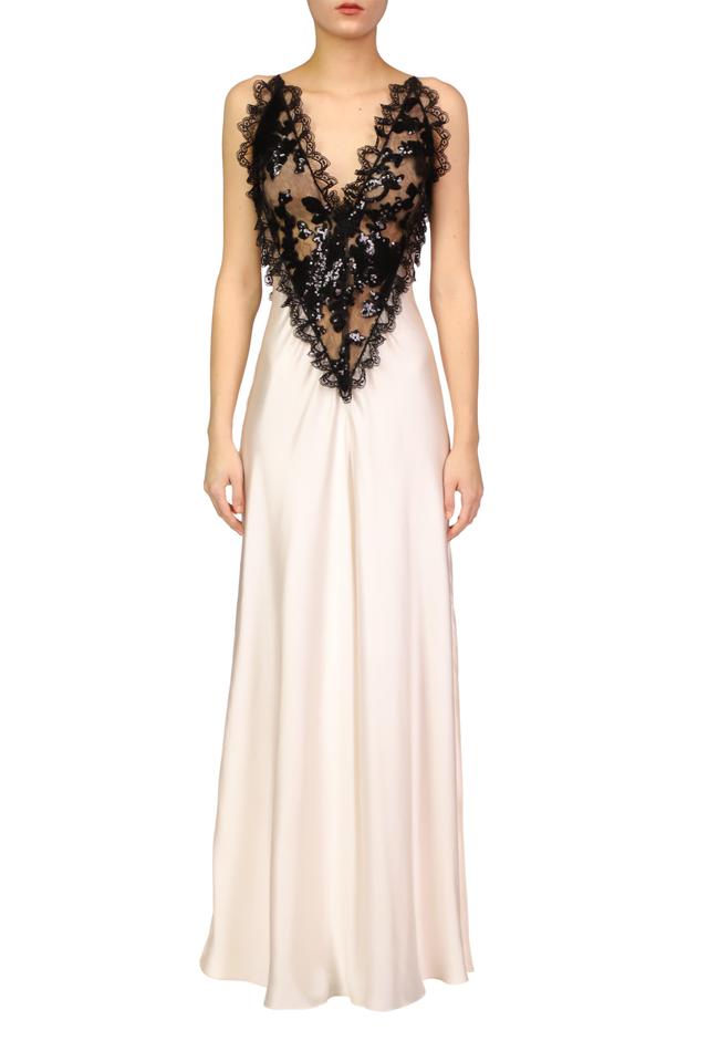 Off White Silk Satin Dress With Sequin And Lace Trim Detail Product Image