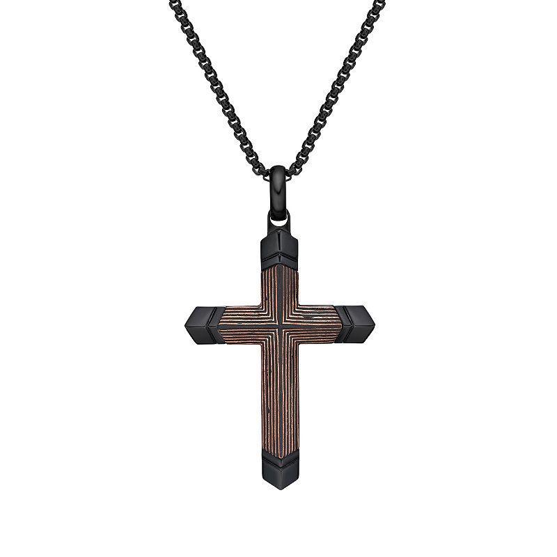 LYNX Stainless Steel Carbon Fiber & Copper Foil Cross Pendant Black Ion-Plated Mens Necklace Multicolor Product Image