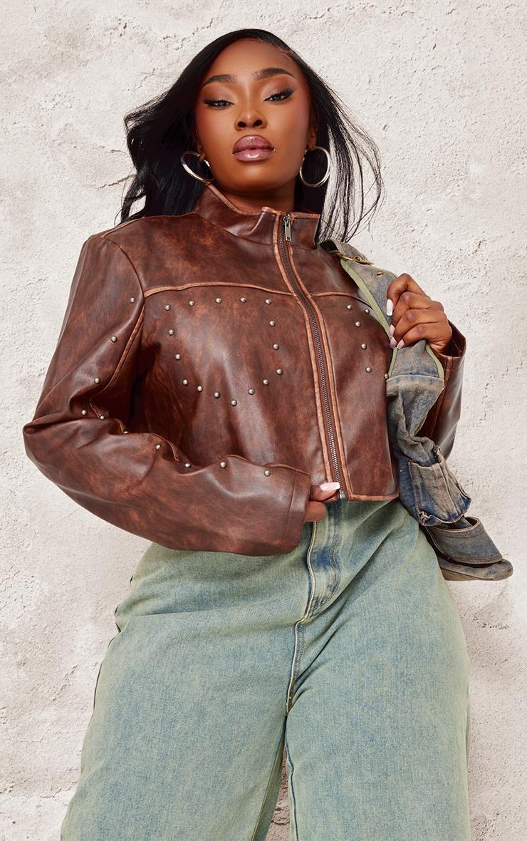 Plus Brown Faux Leather Studded Cropped Jacket Product Image