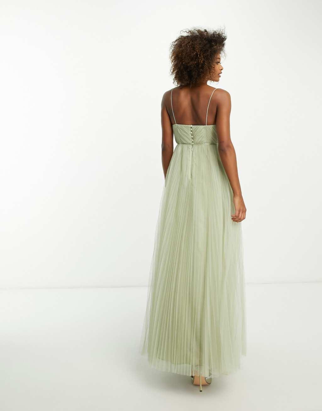 ASOS DESIGN Bridesmaid cami ruched bodice maxi dress with pleated skirt in sage Product Image