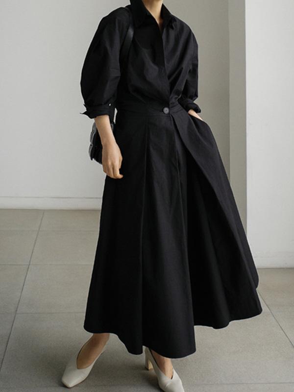 Long Sleeves Loose Buttoned Solid Color Lapel Midi Dresses Product Image