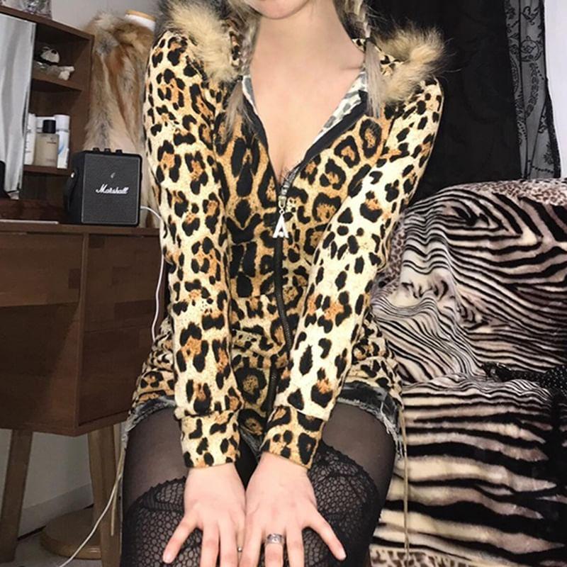 Long Sleeve Leopard Print Faux Fur Trim Hooded Zip-Up Jacket Product Image