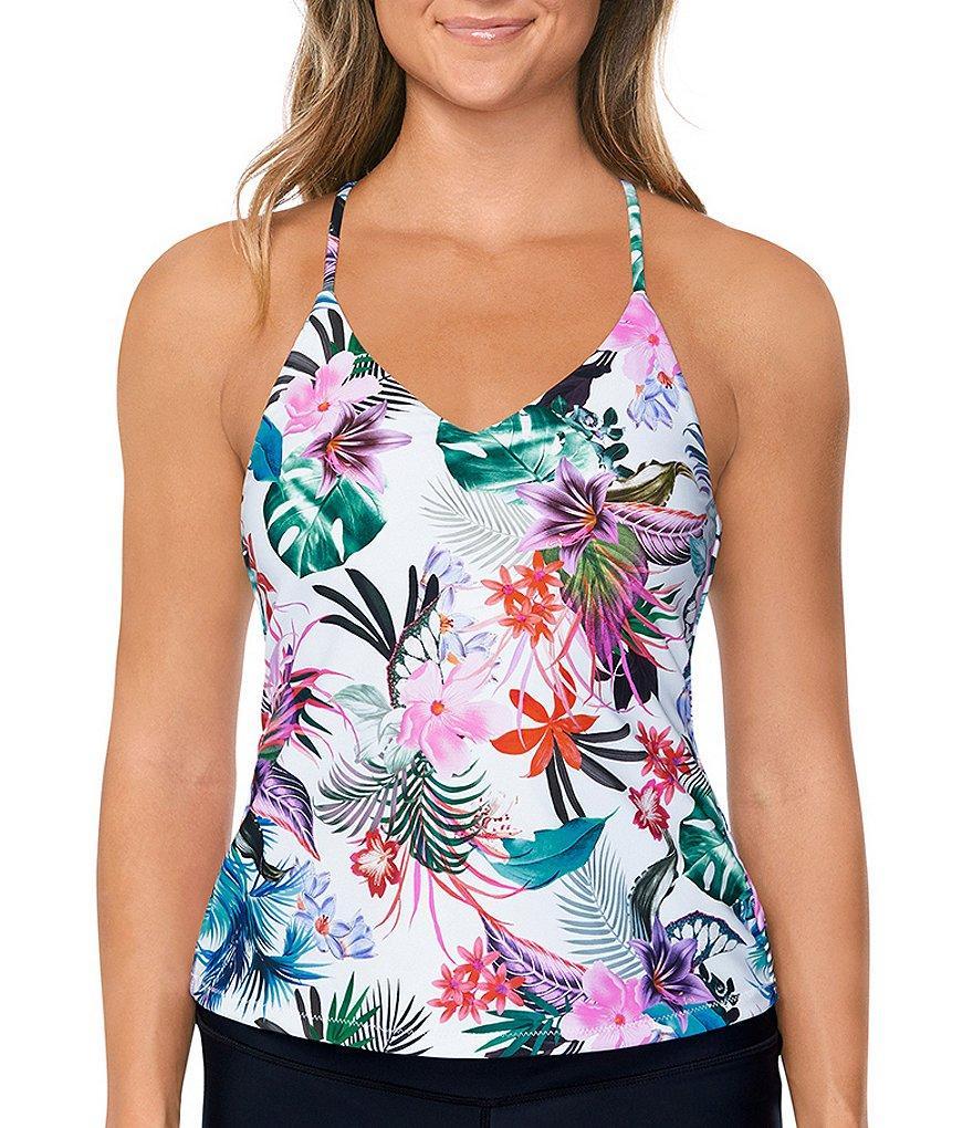 Raisins Liku Beach Macrame Back Floral Printed V-Neck Cami Tankini Swim Top Product Image