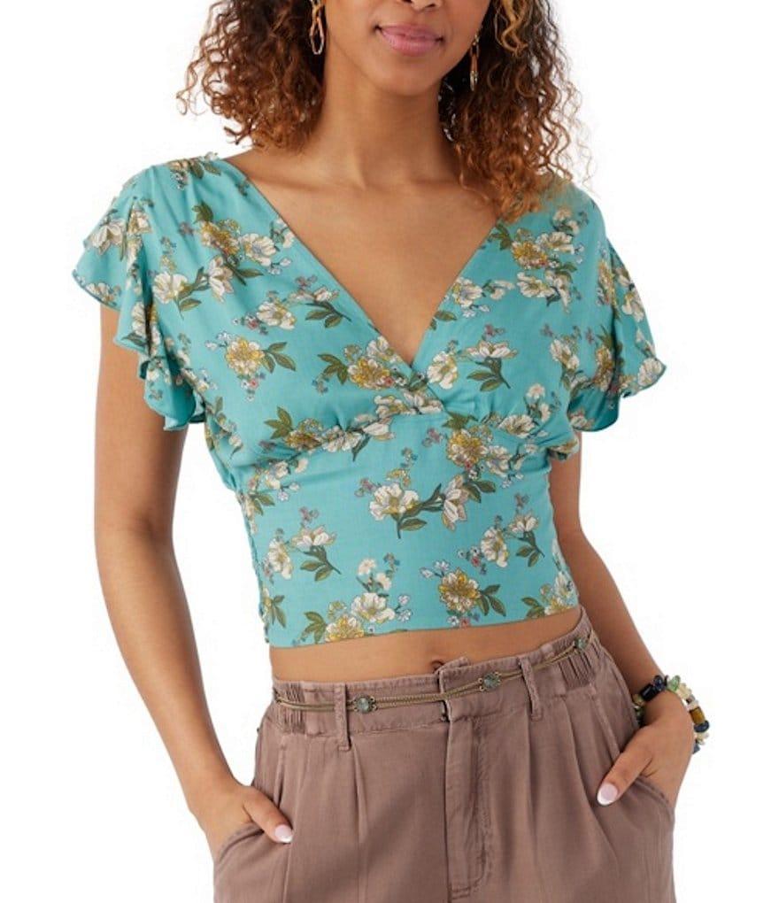 O'Neill Bonnie Floral Print Flutter Sleeve Smocked Back Crop Top product image