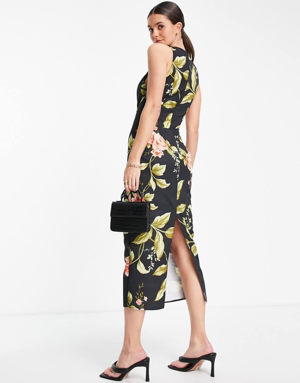 ASOS DESIGN Tall racer neck structured midi dress with cut out detail in floral print Product Image