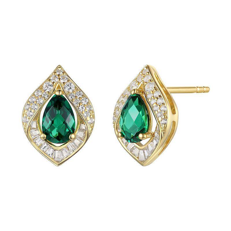 14k Gold Over Silver Lab-Created Emerald Earrings, Womens, Yellow Product Image