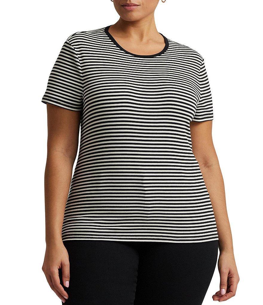 Lauren Ralph Lauren Plus Size Striped Print Stretch Cotton Crew Neck Short Sleeve Tee Shirt Product Image