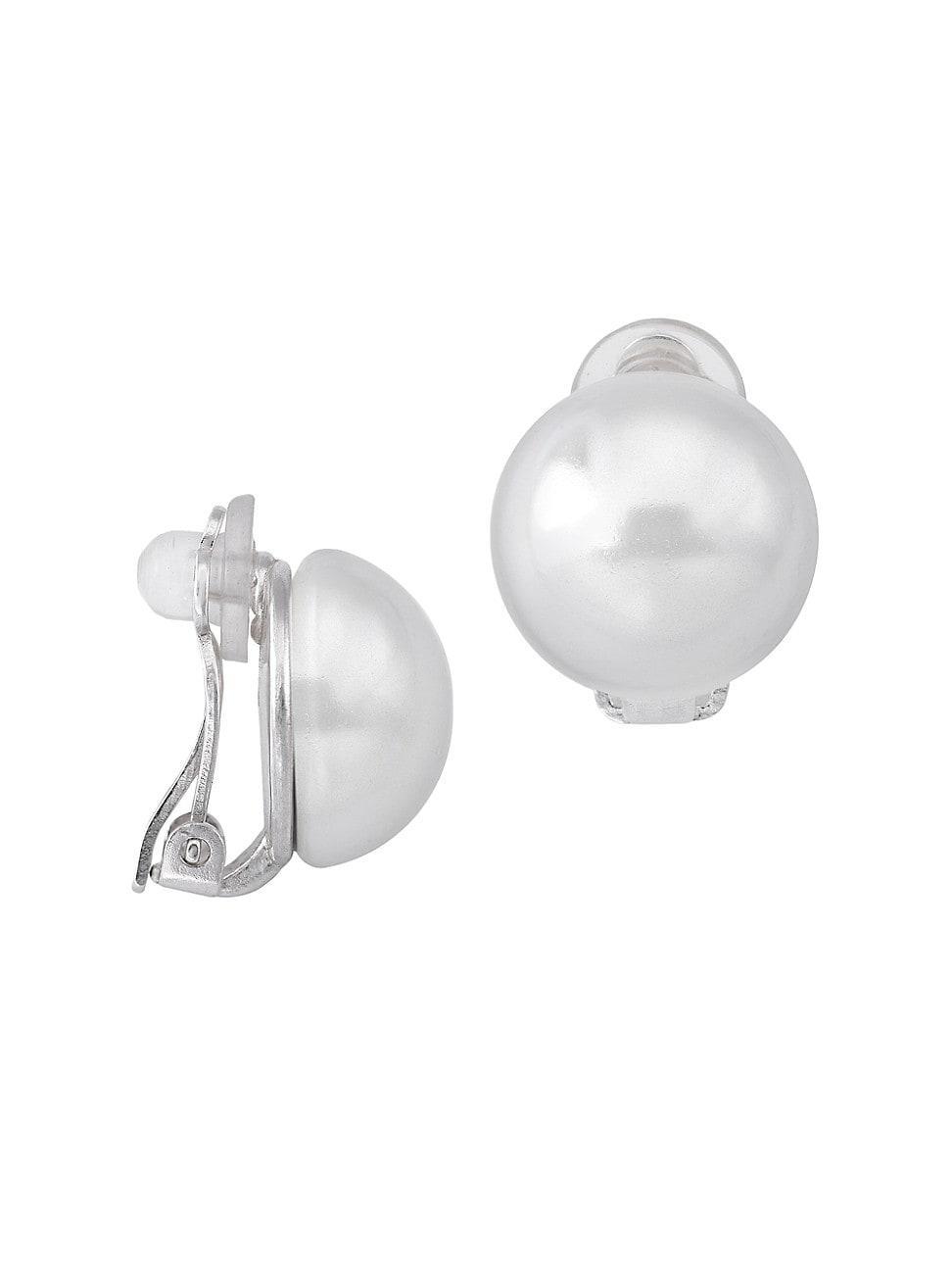 Womens Mabe Rhodium-Plate & Faux Pearl Large Dome Clip-On Earrings - Pearl - Pearl - Size Large Product Image