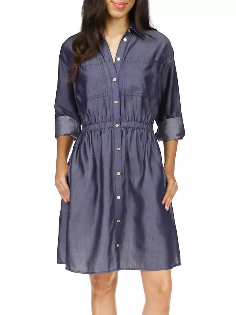 Cotton-Blend Roll-Sleeve Mini Shirtdress Product Image