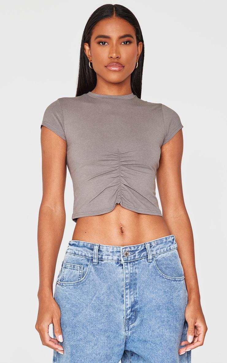 Charcoal Modal Cotton Ruched Front Crop T Shirt Product Image