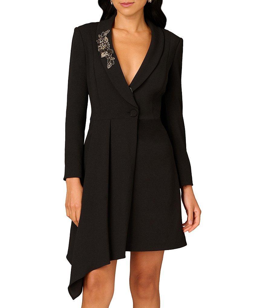 Aidan Mattox Stretch Crepe V-Neck Long Sleeve Beaded Brooch Button Front Tuxedo Dress product image