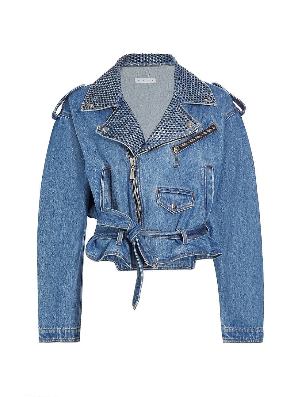 Womens Crystal Embellished Denim Moto Jacket product image