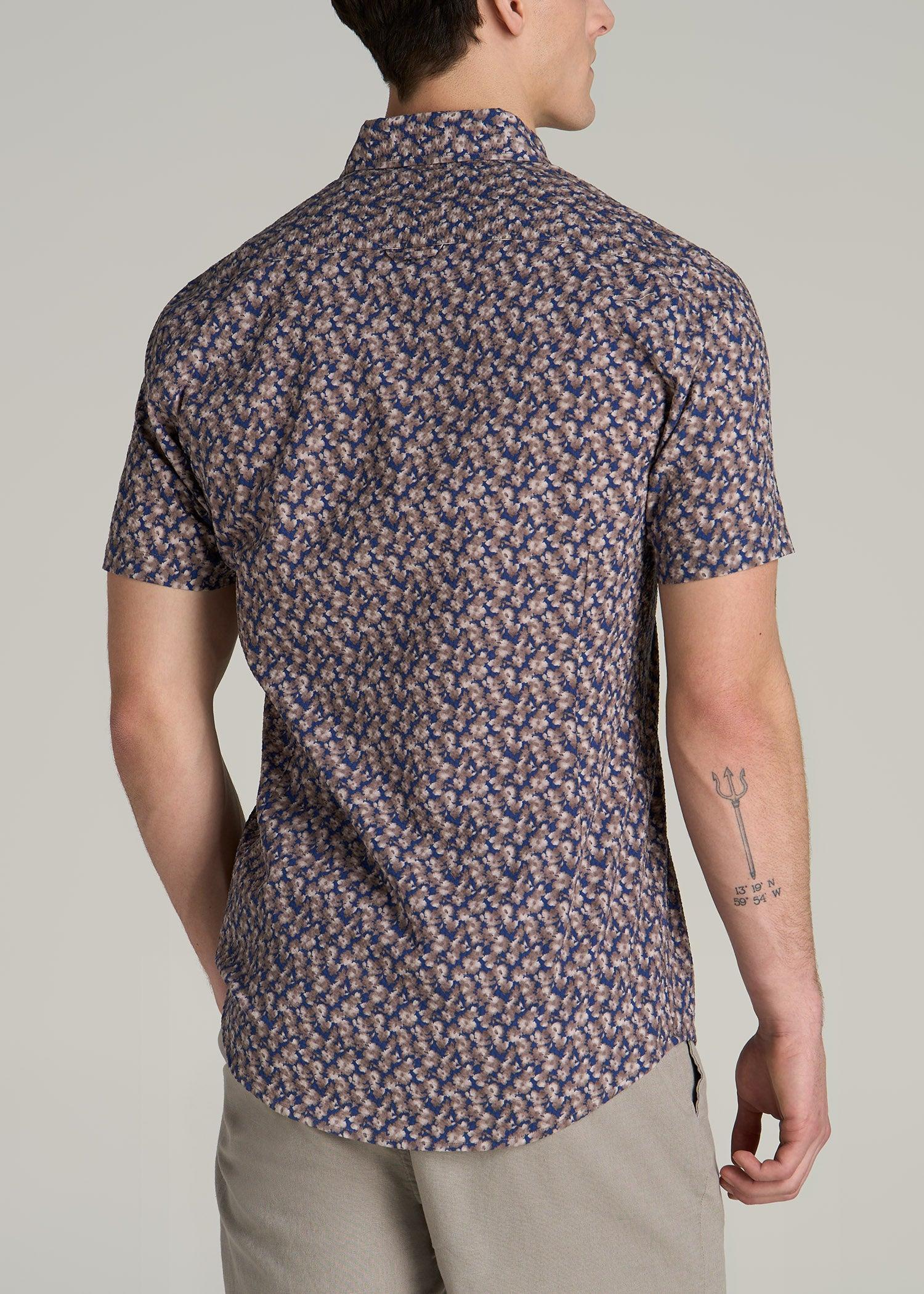 Seersucker Tall Men's Short Sleeve Shirt in Beige & Indigo Blossom Print Product Image