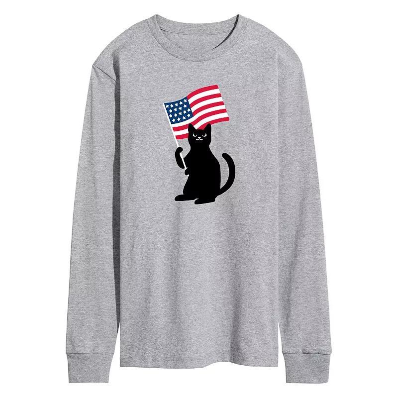 Mens Black Cat With Flag Long Sleeve Graphic Tee Product Image