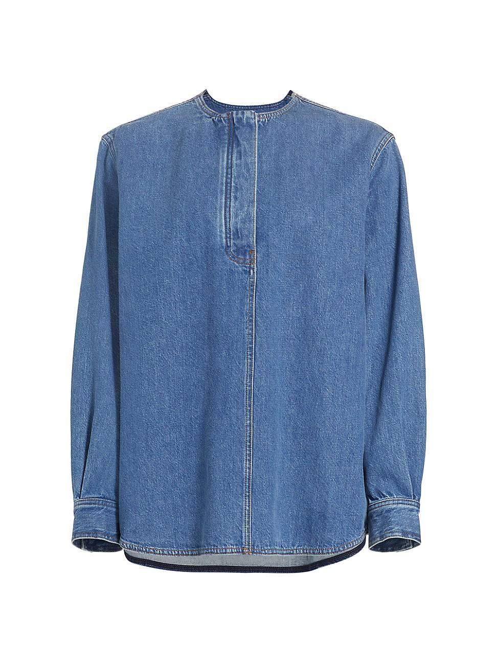 Womens Collarless Denim Shirt Product Image