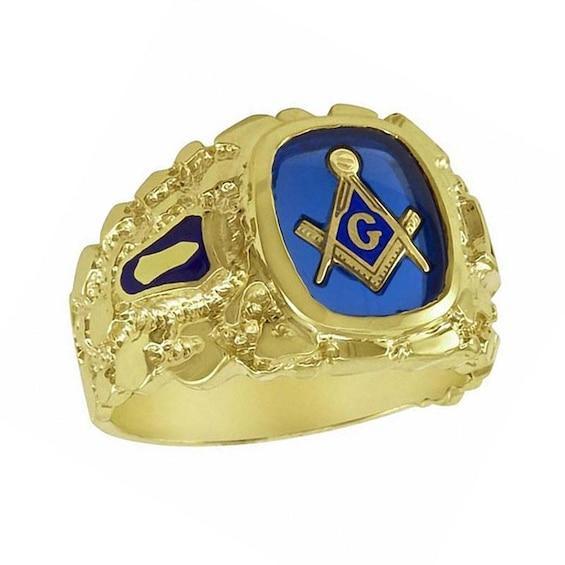 Men's Lab-Created Blue Sapphire Masonic Nugget Ring in 10K Gold Product Image