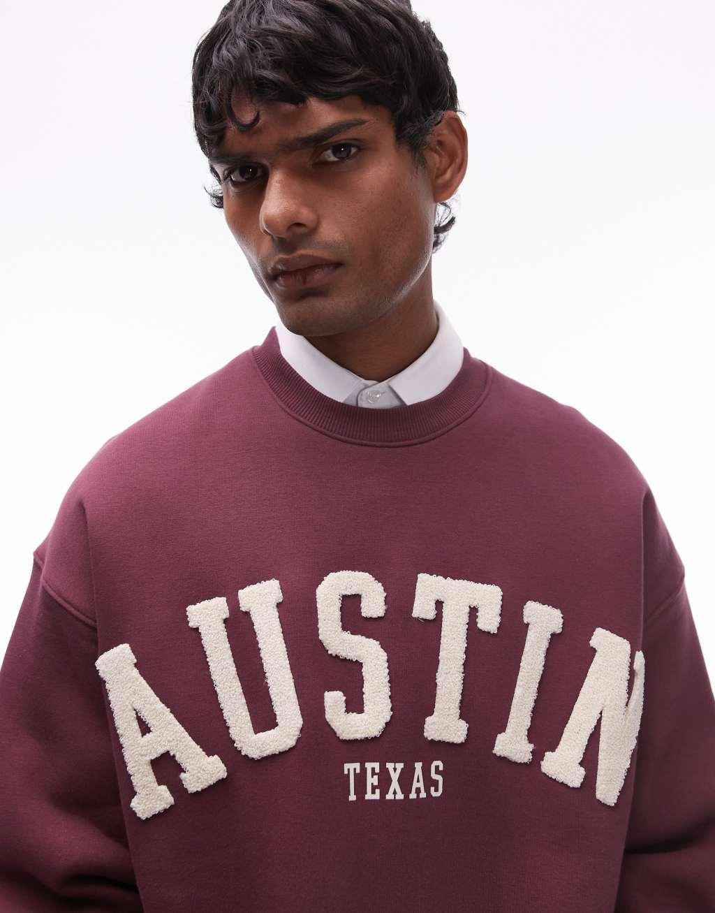 Topman oversized fit sweatshirt with Austin print in burgundy Product Image