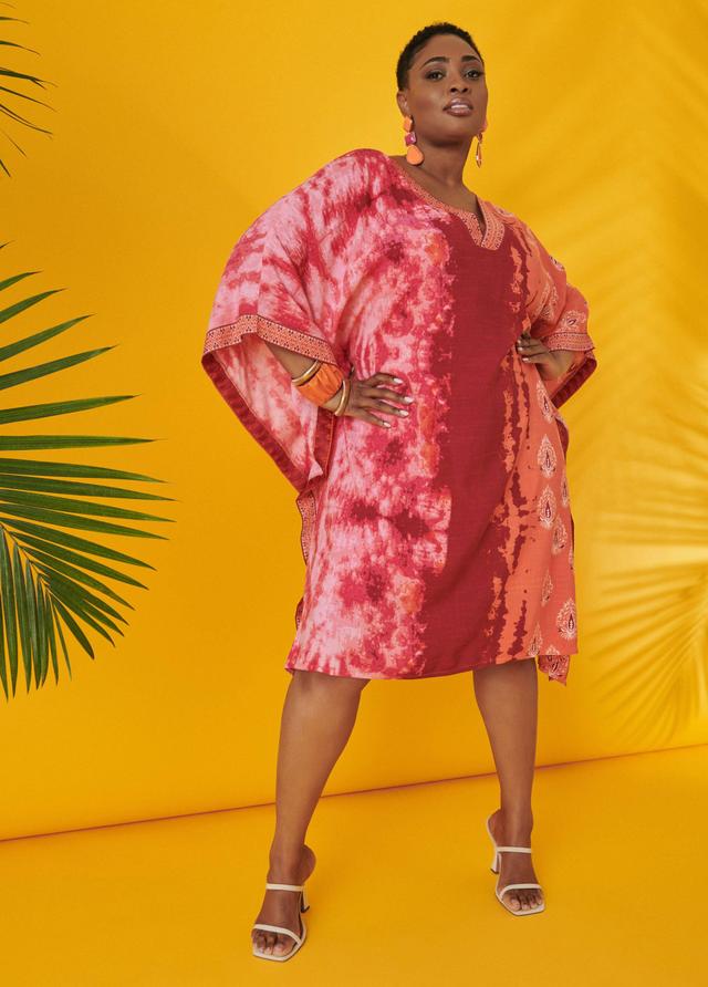 Plus Size Tie Dyed Embroidered Kaftan Dress, - Ashley Stewart Product Image