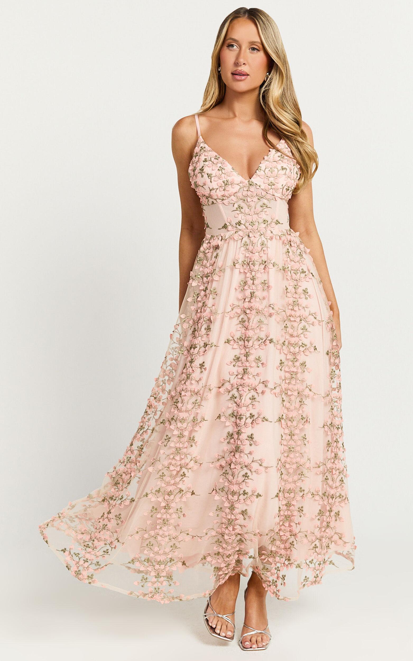 Amalie The Label - Lou V Neck Embroidered Tulle Maxi Dress in Blush Product Image