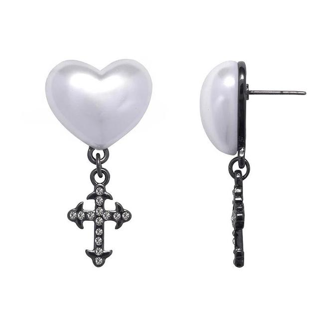 Emberly White Heart Post & Hematite Tone Cross Drop Earrings, Womens Product Image