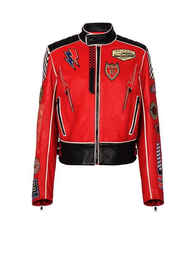 Lambskin jacket with Balmain Racing patches Product Image